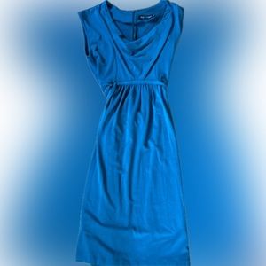 She-Bible Blue Cotton A-Line Dress | Small | Waist Tie, Draped Neckline